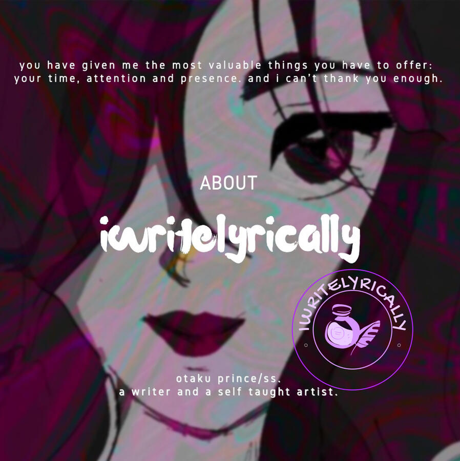 digital portrait of a femme in 90s anime style with text over it that says "about iwritelyrically."